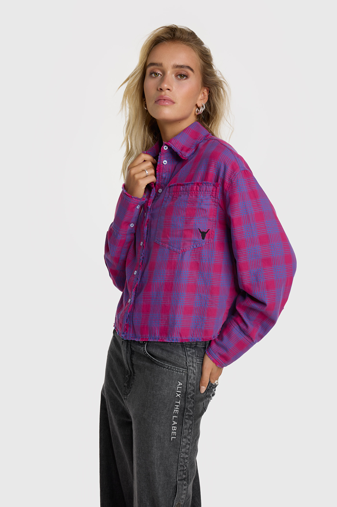 BELVET Cropped checkered shirt 赤チェック L Womens Checked Shirt Ladies Red & Black Plaid Check Casual