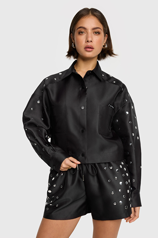 S fluffy tie tops cropped ブラック Long Sleeve Tie Front Frill