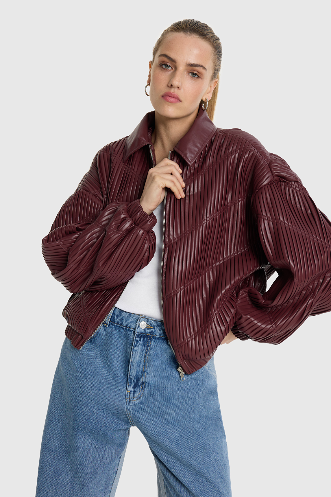 PLEATED FAUX LEATHER BOMBER
